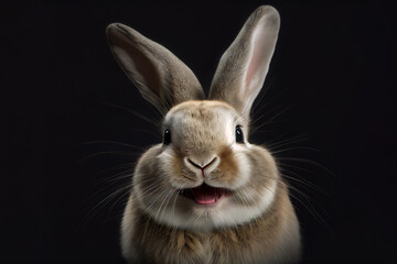 Fototapeta na wymiar Illustration portrait of a happy laughing bunny on dark background. Generative ai