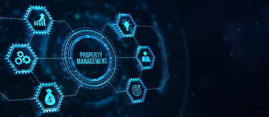 Internet, business, Technology and network concept. PROPERTY MANAGEMENT inscription, new business concept. 3d illustration.