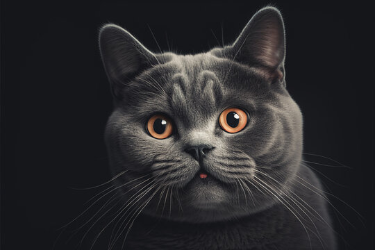 Illustration portrait of a cute and funny british shorthair cat on dark background. Generative ai