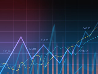 Movement of asset price. Market of cryptocurrency / stocks / commodity. Charts and graphs on color background