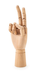 Wooden mannequin hands making peace signs against a white background.