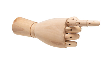 Wooden mannequin hand pointing against white background.