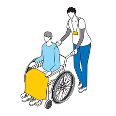 アイソメトリック_シンプル_線画_男性が乗っている車椅子を押す介護士の男性