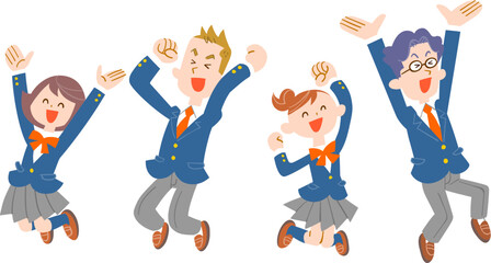 喜んでジャンプする青い制服の男女の学生
