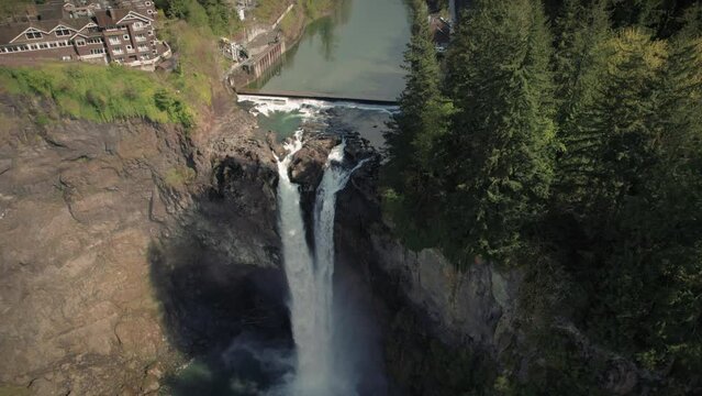 Aerial Film of Snoqualmie Falls Revealing Rural Valley