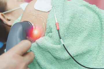 Therapy health and medicine concept, Physiotherapy technique, ultrasound machine, shoulder muscle...
