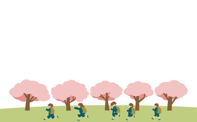 桜の下で走る小学生　ランドセル茶色