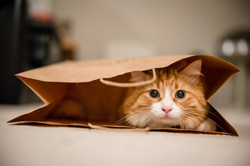Cute orange tabby cat playing in paper bag