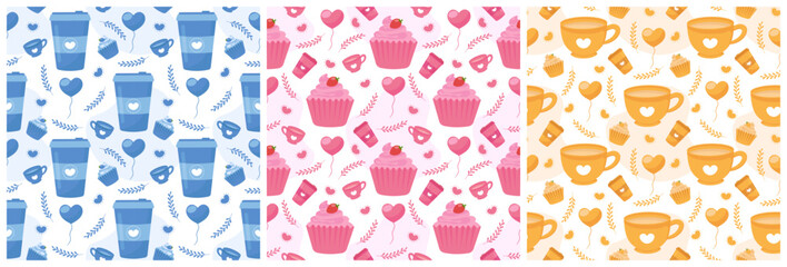 Set of Happy Valentines Day Seamless Pattern Design Love Greeting Card Template Hand Drawn Cartoon Flat Illustration