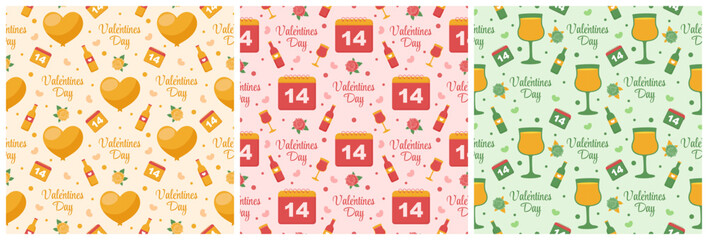 Fototapeta na wymiar Set of Happy Valentines Day Seamless Pattern Design Love Greeting Card Template Hand Drawn Cartoon Flat Illustration