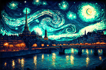 Painting digital art. Paris galaxy night landscape. 3d colorful background