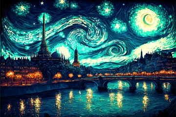 Crédence de cuisine en verre imprimé Best-sellers Collections Painting digital art. Paris galaxy night landscape. 3d colorful background