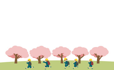 Obraz na płótnie Canvas 桜の下で走る小学生　ランドセル赤黒帽子あり