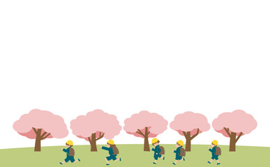 Obraz na płótnie Canvas 桜の下で走る小学生　ランドセル茶色　黄色帽あり