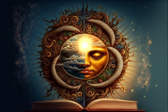unreal illustration, the sun and the moon reading a book, an image by AI