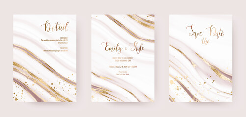 Wedding invitation templates with gold border confetti and gold waves.