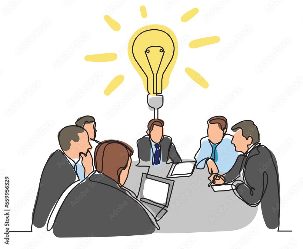 Sticker continuous line drawing business meeting discussing idea colored png image with transparent backgrou