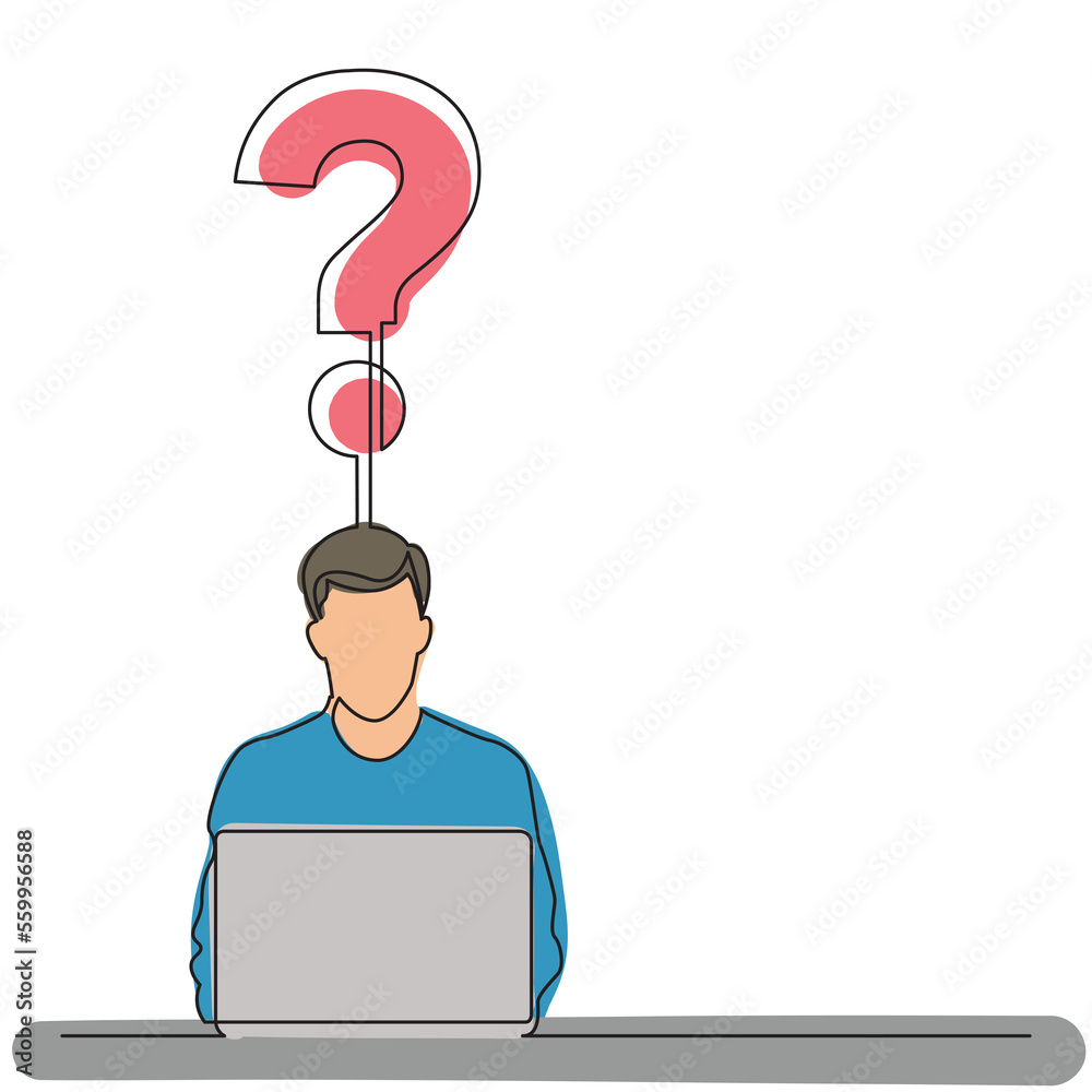 Poster continuous line drawing man sitting with laptop computer with question colored png image with transp