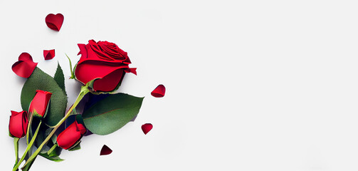 Valentine's Day.Top view of presents Gift Roses on white backgrounds.Valentine's Day concept.Illustration 3d.Banner background.	
