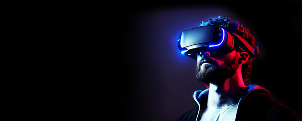 Man play VR virtual reality goggle, sports game 3D cyberspace futuristic neon black background, Illustration banner background, Generative AI