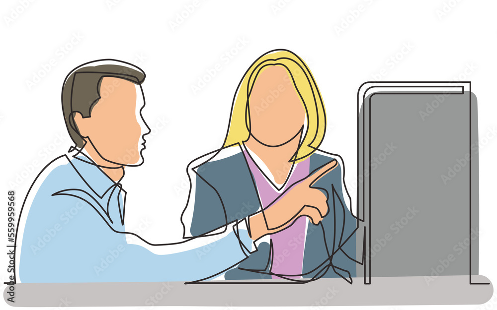 Poster continuous line drawing two office worker discussing showing on display colored png image with trans