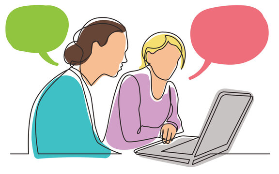continuous line drawing two women sitting watching laptop computer  employees colored PNG image with transparent background