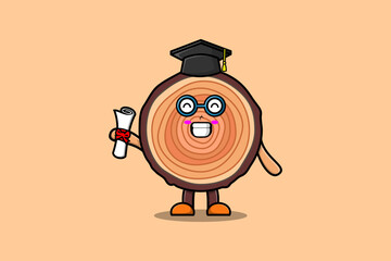 Cute cartoon Wood trunk student character on graduation day with toga in concept flat cartoon style