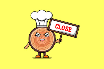 Cute cartoon Wood trunk chef character holding close sign board designs in flat cartoon style