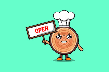 Cute cartoon Wood trunk character holding open sign board designs in concept flat cartoon style