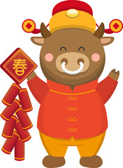 A cartoon manga character mascot with a bull wearing traditional Chinese costumes and firecrackers