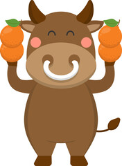 Cute bull cartoon character holding tangerine