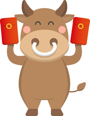 Cute bull cartoon comic character holding red envelope
