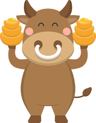 Cute Bull Cartoon Comic Character Holding Gold Ingot