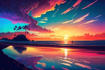 Fototapeta na wymiar Scenes of sunshine and the beach, set against a sky full of vivid colors. Generative AI