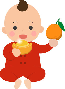 Cute Chinese child cartoon character holding tangerine and gold ingot