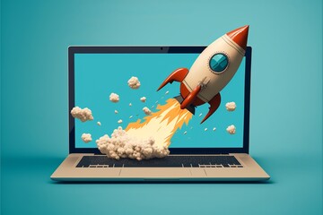 Rocket coming out of laptop screen, blue background. AI digital illustration