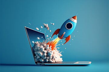 Rocket coming out of laptop screen, blue background. AI digital illustration - obrazy, fototapety, plakaty