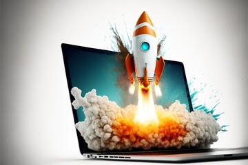 Rocket coming out of laptop screen, white background. AI digital illustration