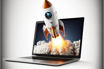 Rocket coming out of laptop screen, white background. AI digital illustration - obrazy, fototapety, plakaty
