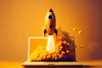 Rocket coming out of laptop screen, orange background. AI digital illustration