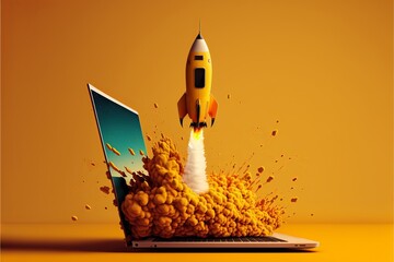 Rocket coming out of laptop screen, orange background. AI digital illustration