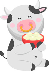 Cow and glutinous rice balls cartoon comic character mascot vector