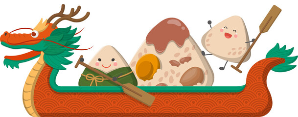 Fototapeta premium Chinese Festival: Dragon Boat Festival Dragon Boat and Zongzi Comic Cartoon Character Mascot
