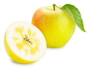 Green Apple isolated on white, Fresh Yellow and Green Orin Apple Isolated on White background, With work path.