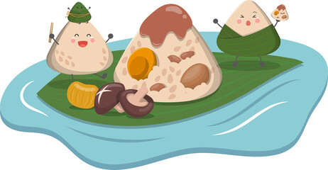 Chinese Festival: Dragon Boat Festival Zongzi and Boating Comic Cartoon Character Mascot