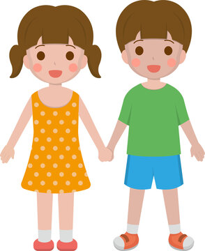 2 little kids boy girl holding hands smiling cartoon comic vector