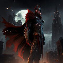 vampire warrior in red cape in dark night with red rays