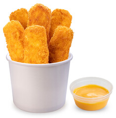 Fried Fish sticks in paper bag isolated on white, Fried fish fingers  Isolated on White background, With work path.