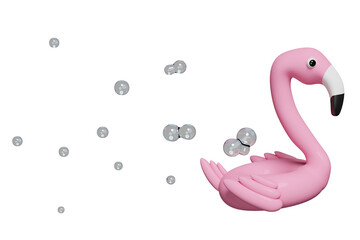 3d pink Inflatable flamingo with water splash, copy space isolated. summer travel concept, 3d render illustration