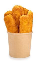 Fish fingers or fish sticks grilled, shallow deep-fried in paper bucket isolate on white with clipping path.